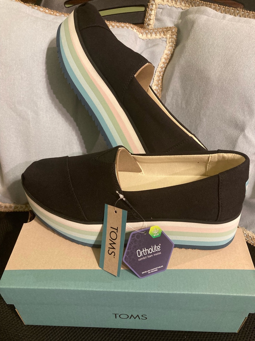 TOMS Platform Alpargata Black Canvas Pastel Striped Sole 9.5 NIB